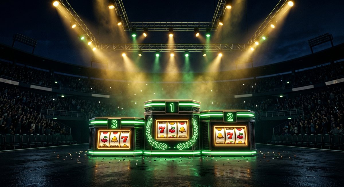 Podium tiga tingkat dengan lampu gulungan mesin slot berwarna hijau laurel di arena gelap