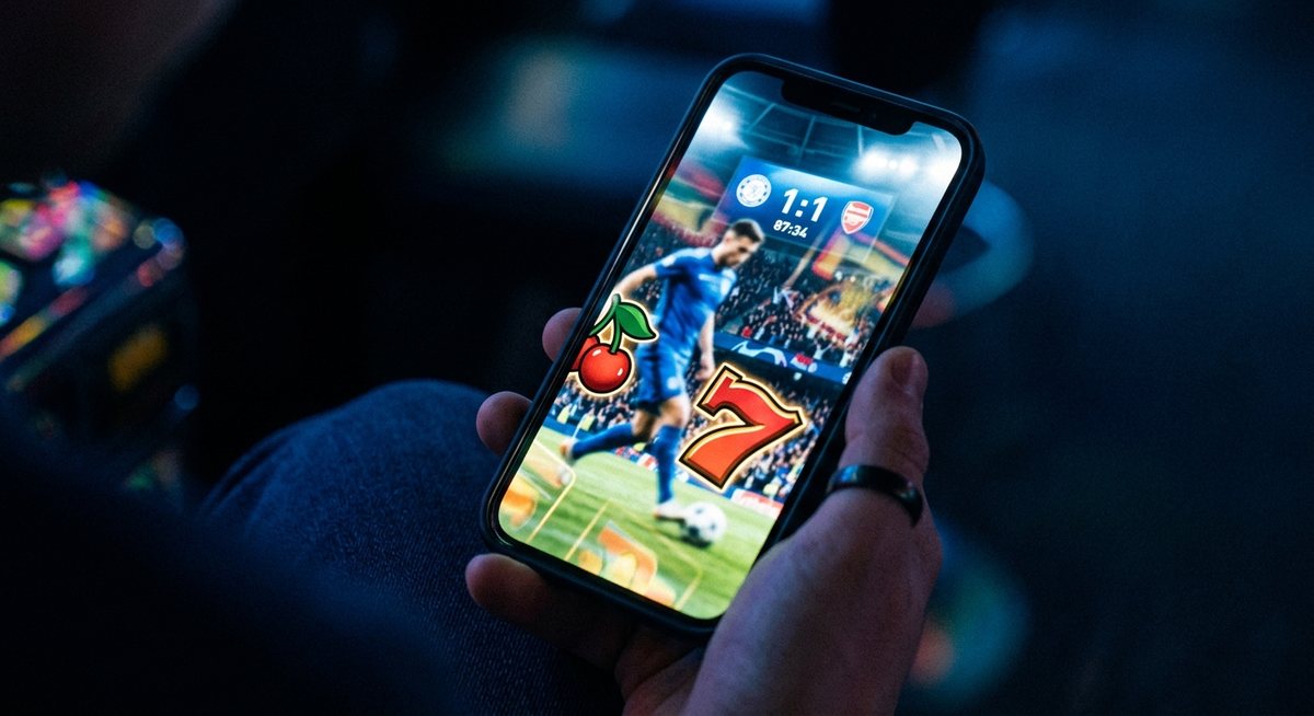 Ponsel menayangkan sorotan pertandingan dengan pantulan simbol ceri dan tujuh dari gulungan slot