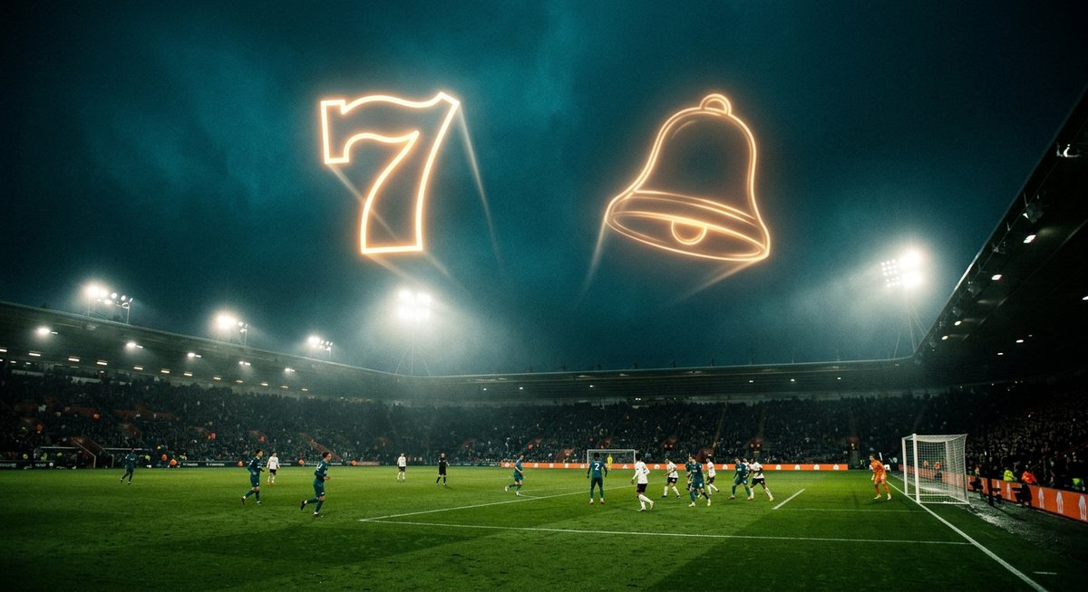 Lapangan bola malam hari dengan lampu stadion berbentuk simbol tujuh dan bel mesin slot